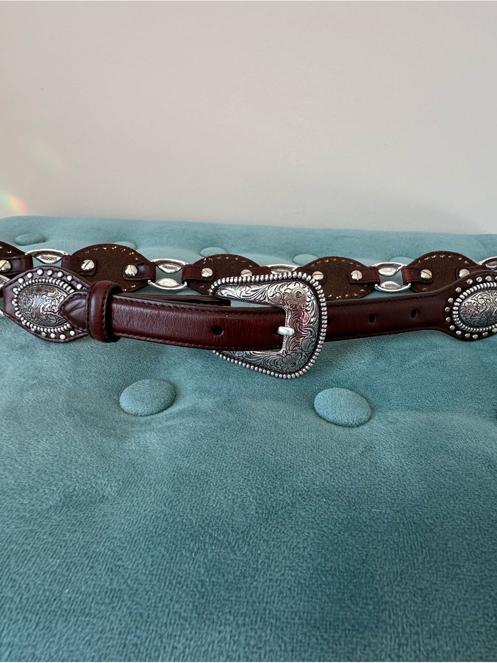 Justin Boots Brown Leather Western Concho Belt with Silver Buckle